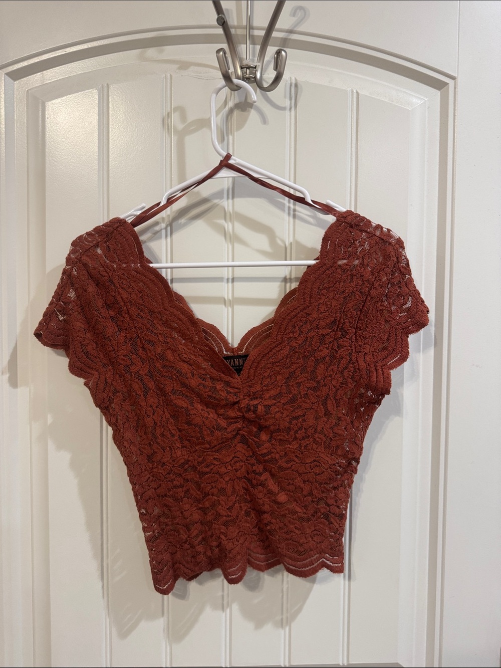 Scalloped Lace V-Neck Top in Rust Red